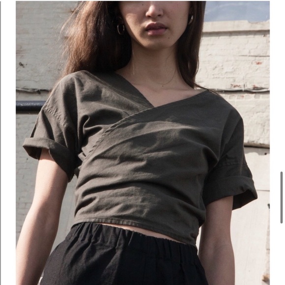 AUROREI Tops - AUROREI LINEN Women's Olive Green Wrap Top Small Yuna Eucalyptus